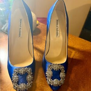 Manolo Blahnik Sapphire Blue Heels with Crystal Buckle